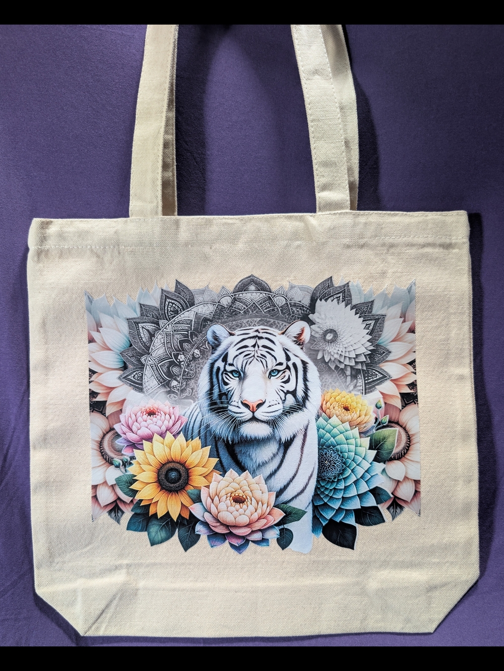 Canvas Tote with White Tiger & Floral Mandala Print